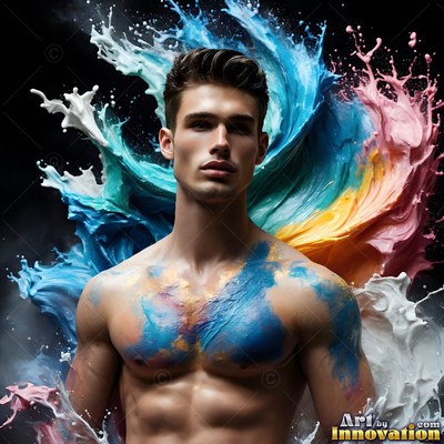 A shirtless man stands as blue, yellow, and pink paint splashes around his chest in the dark studio