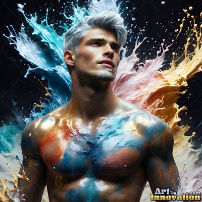 Facing forward in a dark room, a painted man is framed by blue splashes