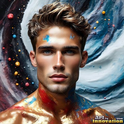 A shirtless man has red and gold paint smeared over his shoulders