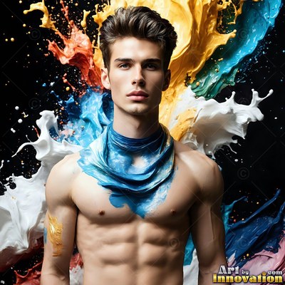 In a dark studio, a shirtless man is standing surrounded by splashes of yellow and blue paint