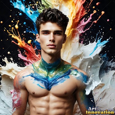 Facing forward, a shirtless man is standing before splashes of white, blue, and pink paint