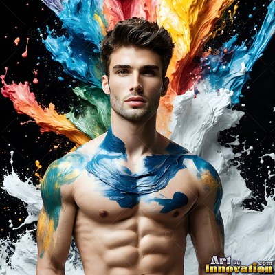 Shirtless man with blue paint on his chest and splashes behind him
