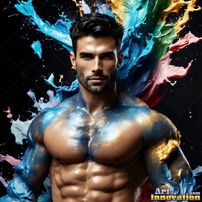 Blue paint across his chest, a shirtless man poses as bright colors splash behind him in a dark studio