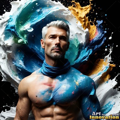 A shirtless man is standing still as thick white and blue paint swirls behind his shoulders