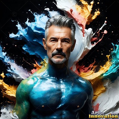 Facing forward in a dark studio, a man covered in blue paint with thick splashes