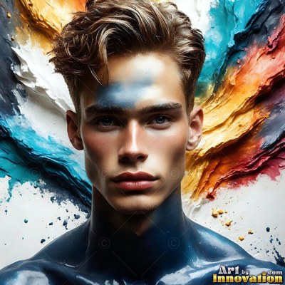 A young man looks ahead with thick blue and orange paint smeared behind him