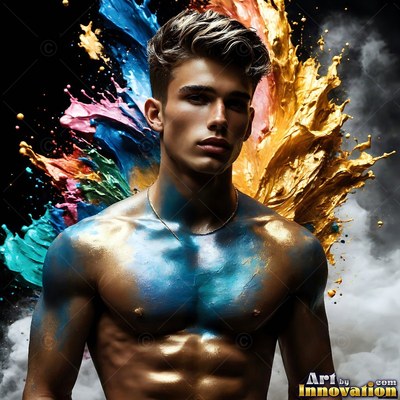 In a dark studio, a shirtless man is standing before splashes of blue and gold paint
