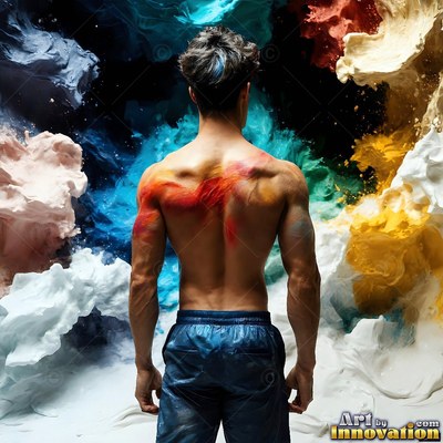 Facing away, a bare-chested man stands before bursts of thick blue and yellow paint