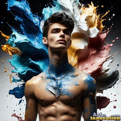 Shirtless man surrounded by splashes of blue, white and pink paint