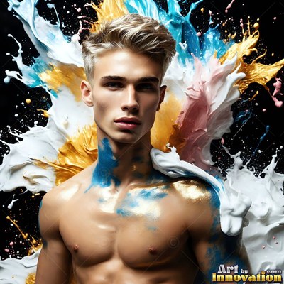 Blue and gold paint smears a shirtless man's neck against frozen paint splashes on black