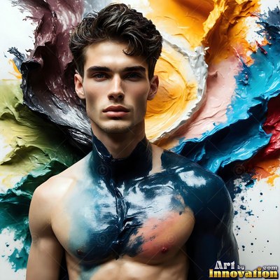A shirtless man has thick blue paint smeared across his chest and neck