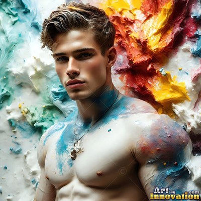 Against thick smears of red and blue paint, a shirtless young man looks forward