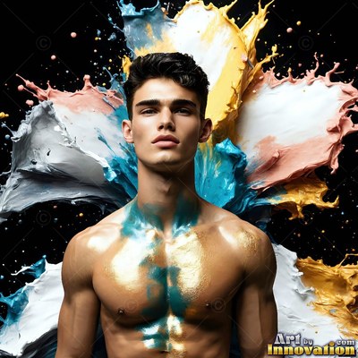Facing forward, a shirtless man has blue and gold paint splashes on his chest and behind him