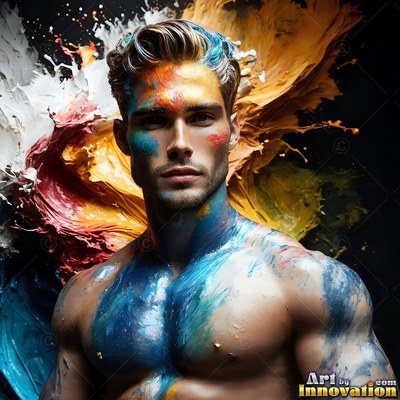 Man splashed with blue and orange paint on a dark background