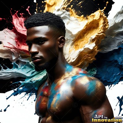 A shirtless man with paint smeared across his chest turns before splashes of white, gold, and red