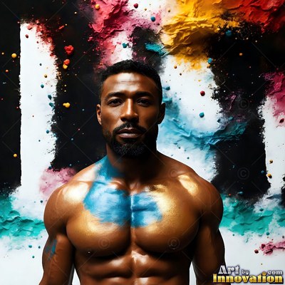 A muscular man stands motionless with blue and gold paint brushed across his bare chest