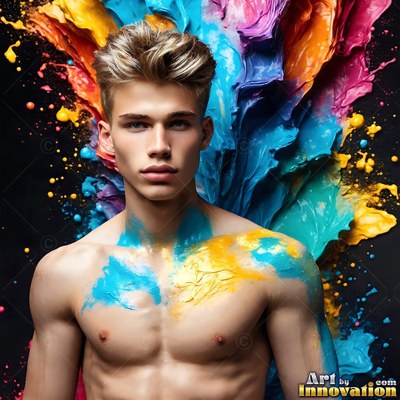 A shirtless man has blue paint on his chest as yellow and pink paint splash behind him