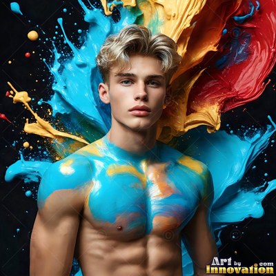 In a dark studio, a shirtless man is splashed with bright blue and yellow paint