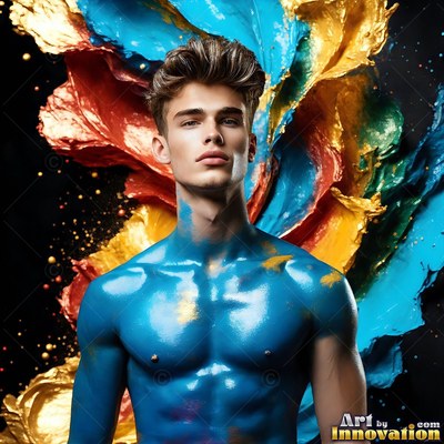 Coated in blue paint, a shirtless young man poses before splashing gold and red colors