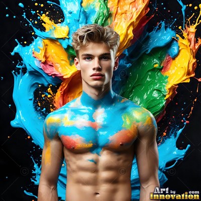A shirtless man with blue paint on his chest and splashes behind him