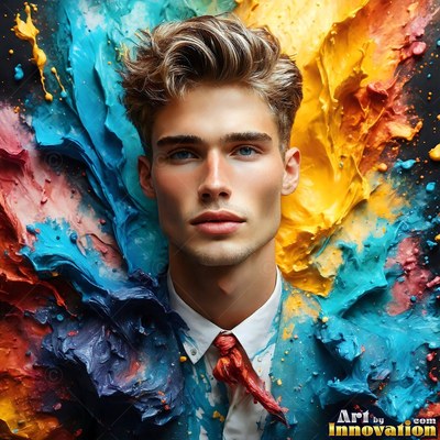 A man in a collared shirt with wavy hair stands before thick splashes of blue and yellow paint