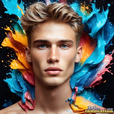 A young man faces forward as thick blue and orange paint splashes around his bare neck