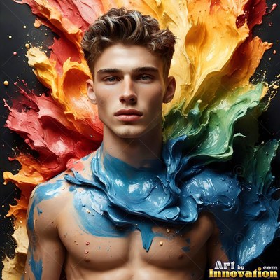 Facing forward in a dark room, a shirtless man has blue paint across his chest