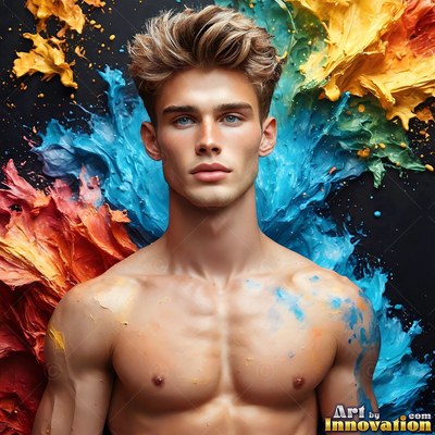 A shirtless man stands straight against splashes of thick blue and yellow paint