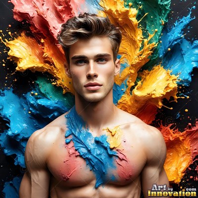 In a dark studio, a shirtless man stands before splashes of blue and yellow paint
