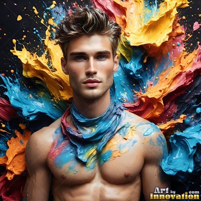 Looking forward, a shirtless man is surrounded by thick splashes of blue and yellow paint