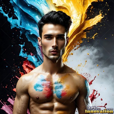 A shirtless man with splashes of blue and yellow paint