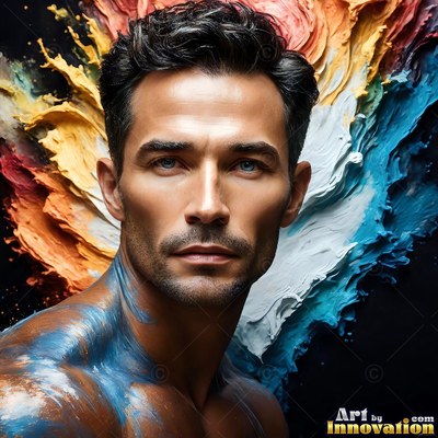 Blue paint covers a bare-chested man looking ahead before thick yellow splashes in a dark room