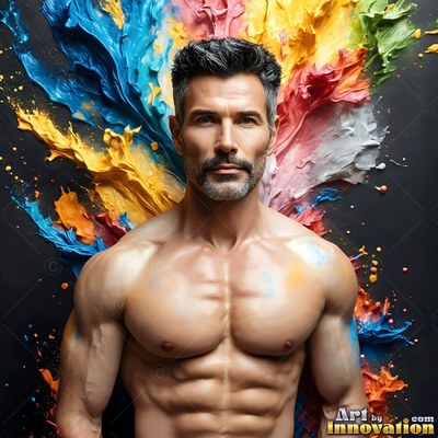 A muscular man stands shirtless before splatters of thick blue and yellow paint