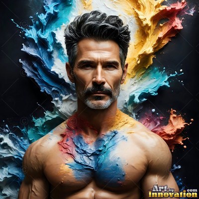 Facing forward in a dark studio, a shirtless man has blue and yellow paint on his chest
