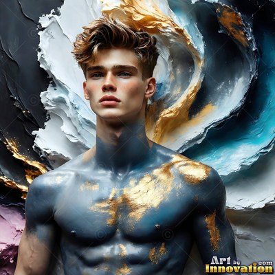 A shirtless young man covered in blue and gold paint stands before swirling waves of color