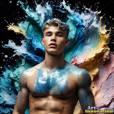 In a dark studio, a shirtless man stands before splashes of blue and pink paint