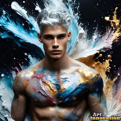 Facing forward, a shirtless man has blue and gold paint splashed across his chest