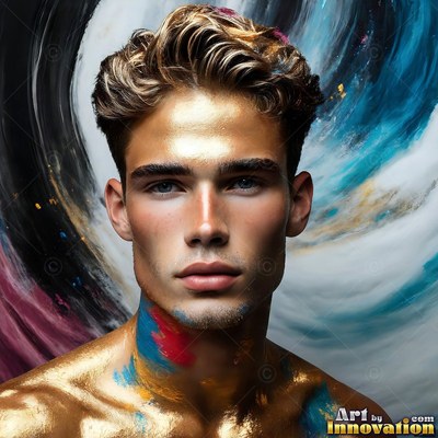 A young man with gold paint on his forehead and blue swirls behind him
