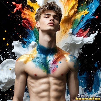 Blue and gold paint stains a shirtless man's neck against frozen splashes of color in a dark space