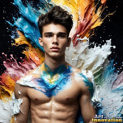 A shirtless man looks forward as thick paint bursts behind him in splashes of blue and yellow