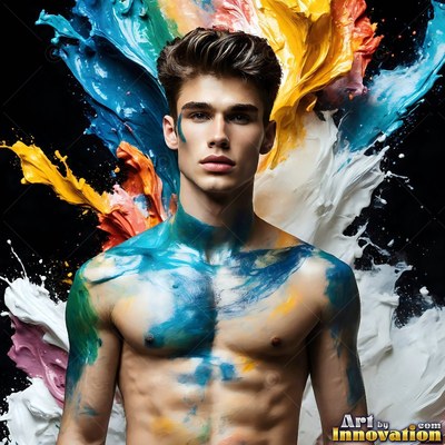 Facing forward in a dark studio, a shirtless man is splashed with blue and yellow paint