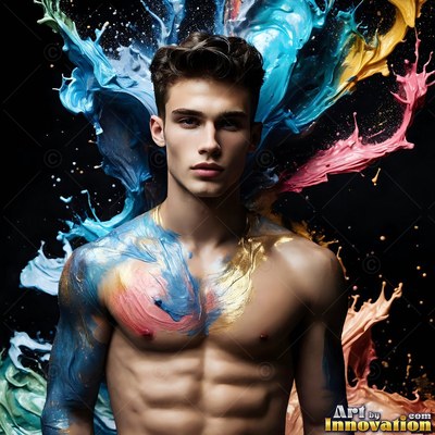 A shirtless man faces forward as splashes of blue and pink paint burst around him