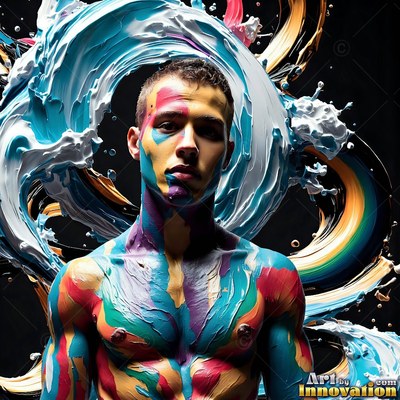 In a dark studio, a shirtless man stands smeared in blue and pink paint