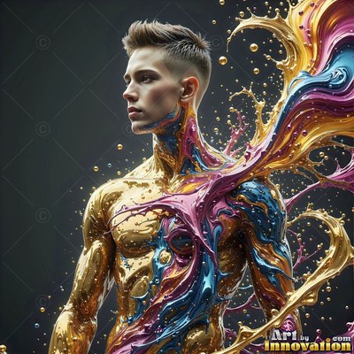 Looking away, a bare-chested young man is covered in splashed gold and pink liquid