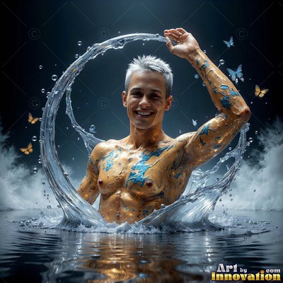 Smiling man in dark water making an arch splash around his head