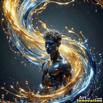 Gold paint across his chest, a shirtless man stands in a dark studio surrounded by swirling liquid