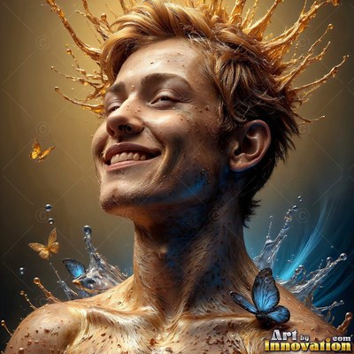 Tilted upward in a dark room, a smiling man is splashed with gold liquid and water