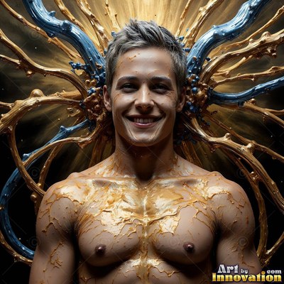 In a dark studio, a smiling bare-chested man is splashed with gold paint