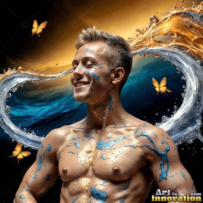 Smiling with eyes closed, a bare-chested man is encircled by splashes of water and yellow butterflies