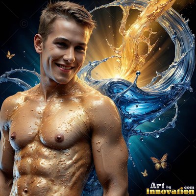 A smiling shirtless man with gold and blue water splashing behind him